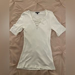 Express Off White Ribbed Lace Up Short Sleeve Top, Size Medium
